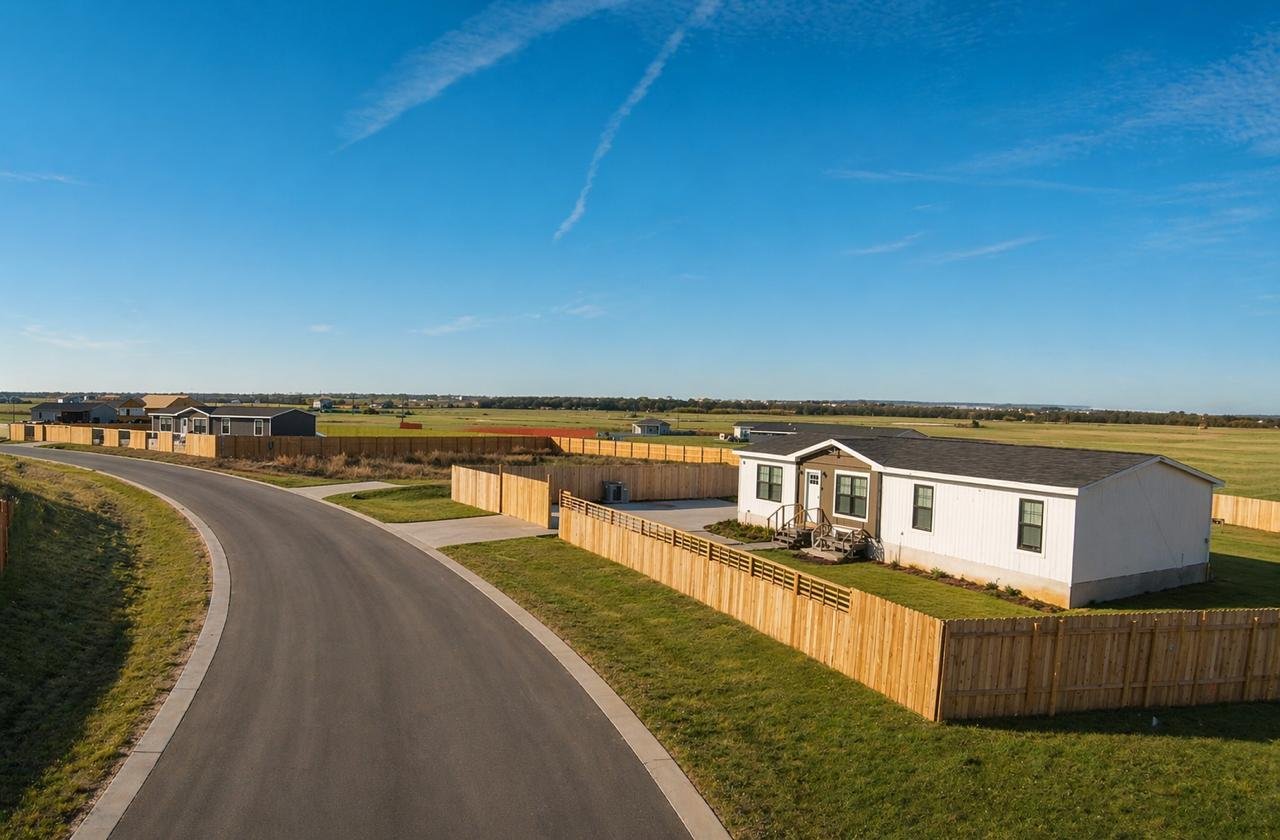 Aerial view of a new manufactured home in the Hacienda Sonoma community, Elgin, Texas